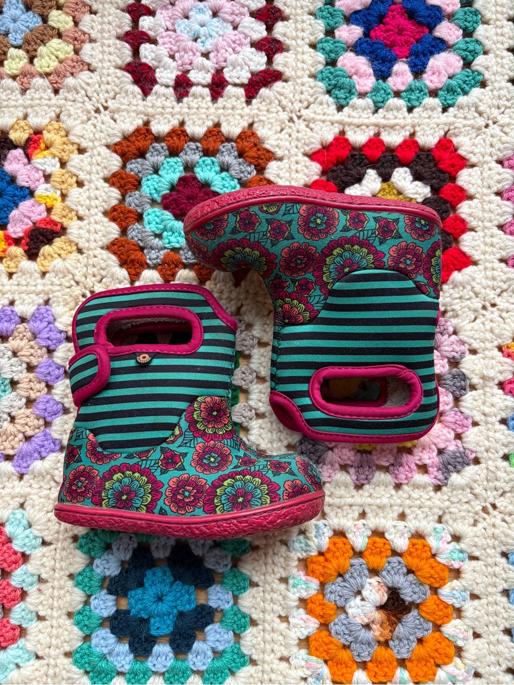Bogs Toddler Floral & Stripe Waterproof Boots - Teal & Pink